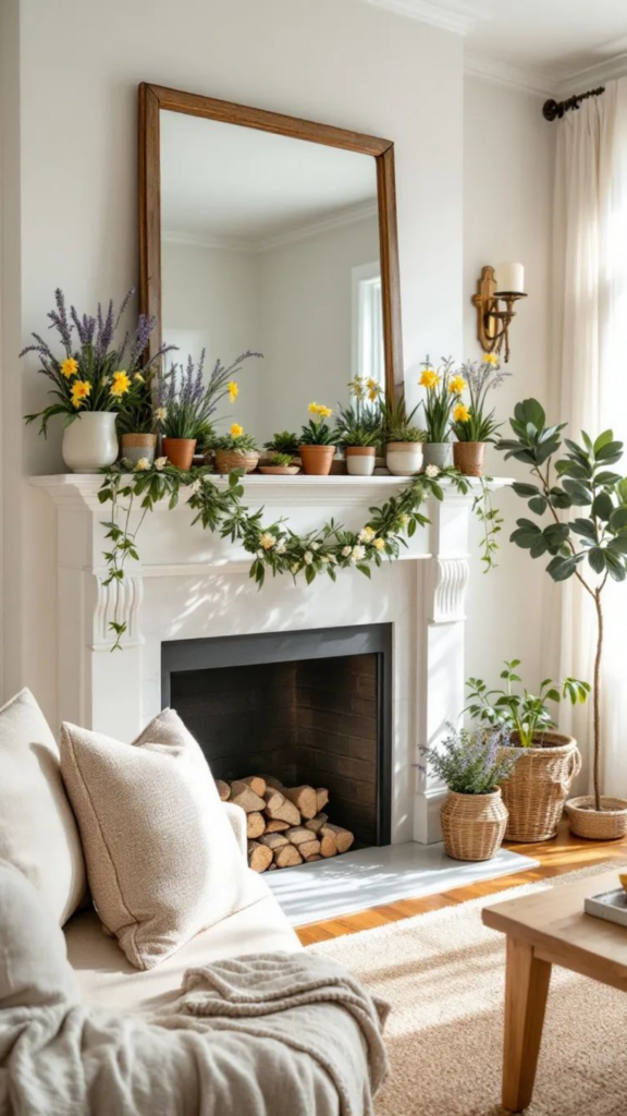 Garden-Inspired Mantle with Potted Plants