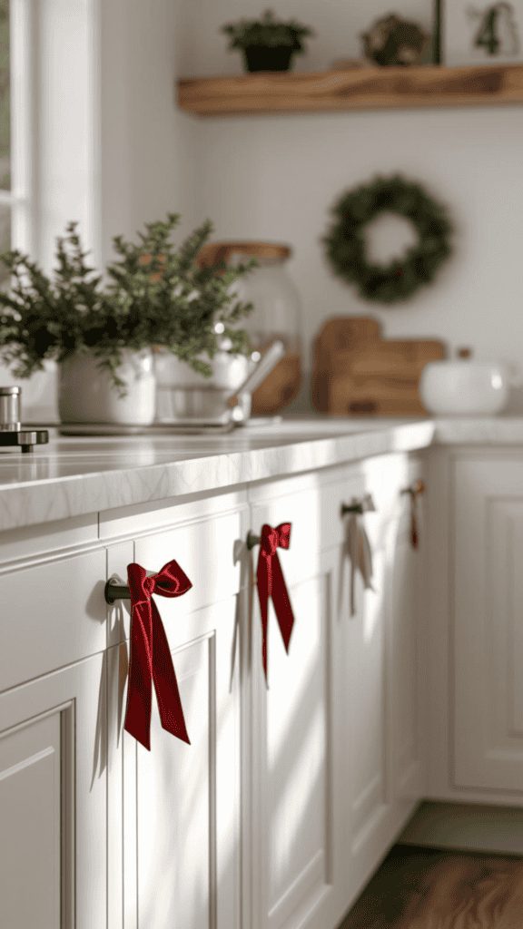 Add Holiday Ribbon to Cabinet Pulls